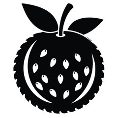 Black Illustration of a Durian Fruit with Leaves and Seeds Vector Graphic