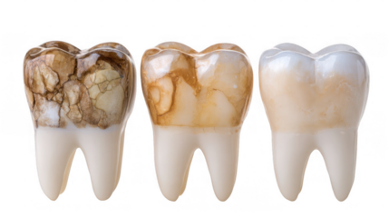 Three teeth showing different stages of enamel erosion, from severe damage to a healthy state, isolated on transparent background, perfect for dental health and hygiene awareness campaigns