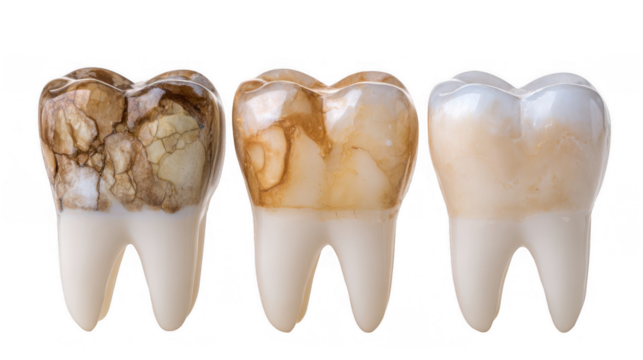 Three teeth showing different stages of enamel erosion, from severe damage to a healthy state, isolated on transparent background, perfect for dental health and hygiene awareness campaigns