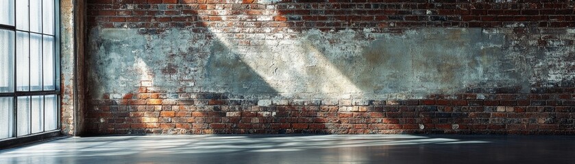 Sunlit Brick Wall Interior with Window, Industrial, Loft Style Industrial background, Brick wall
