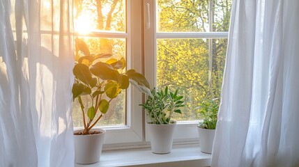 Sunlit Window Plants Indoor Greenery, White Curtains, Autumn View, Home Decor Houseplants, Windowsill