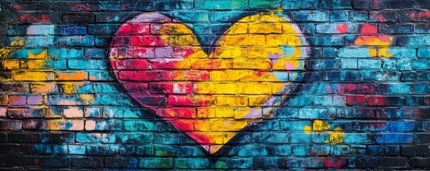 Vibrant Graffiti Heart on Brick Wall, Urban Art, Street Art, Love