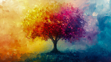 Fototapeta premium A vibrant, colorful tree with leaves in shades of yellow, orange, red, pink, purple, and blue on an abstract background