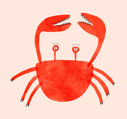 Cute Cheerful Red Crab With Large Claws. Nursery Vector Art With Funny Red Crab Isolated On A Pastel Pink Background. Sealife. Childish Art Of Crab.