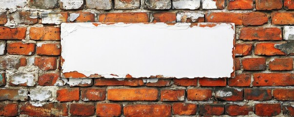 White Sign on Weathered Brick Wall, Brick Background, Wall Texture