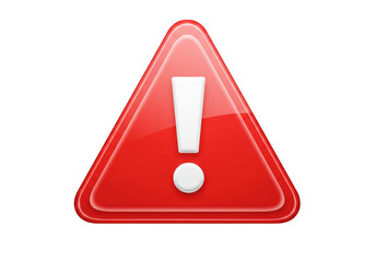 A vibrant red triangle warning sign with a white exclamation point on a dark colored surface on transparent background