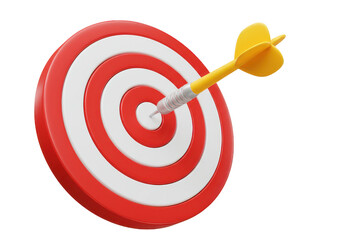 Red and white target with yellow dart hitting the center showing accuracy and precision in business on transparent background