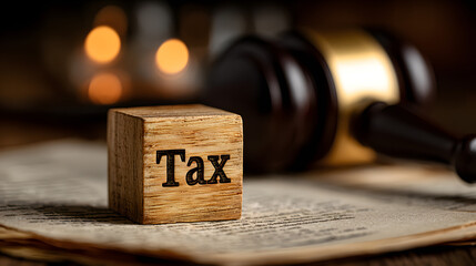 Economic Tax Rates With Court Processes and Legal Decisions In Trade. International Economic Export Import Tax and Tax Rates and Legal Processes. Tax Written on Wooden Cubes Isolated Blurred Gavel Bg