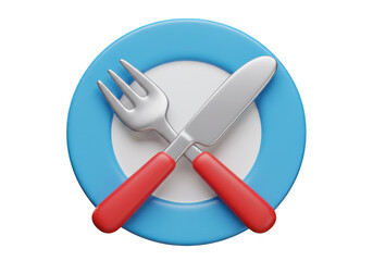 Fototapeta premium A rendering of a plate with a fork and knife crossed over it on a dark isolated setting on transparent background