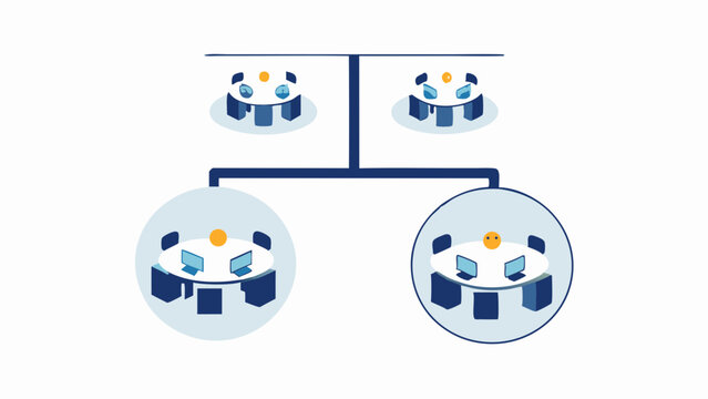 Illustration of a network diagram showing hierarchical connections between round tables and computers