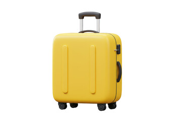 A bright yellow suitcase with a retractable handle and wheels isolated on a dark backdrop on transparent background