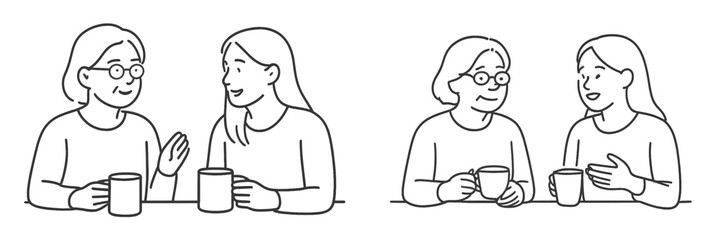 Two women enjoying a cozy conversation over coffee at a cafe during a sunny afternoon in a warm atmosphere