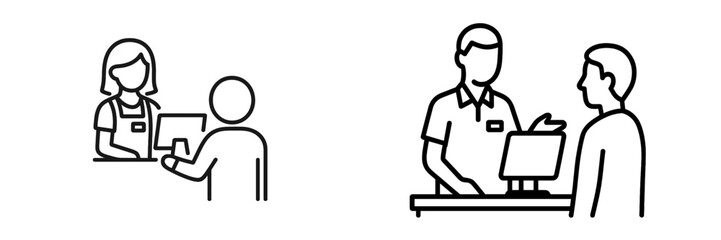 Customer service interaction at a retail store with a cashier assisting a shopper in a busy setting