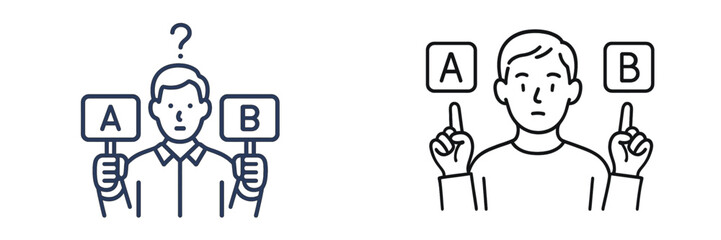 Two individuals debating choices while holding signs labeled A and B in a simple, minimalist style © PAPA STOCK
