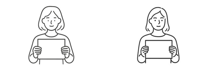 Two individuals holding blank signs in a minimalistic illustration during a creative brainstorming session