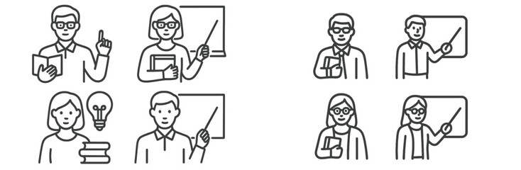 Collection of educators presenting lessons with teaching materials and tools in a classroom environment