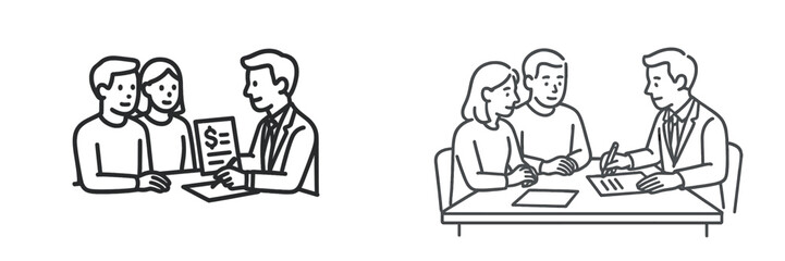 Discussion between a lawyer and couple regarding contract details in an office setting