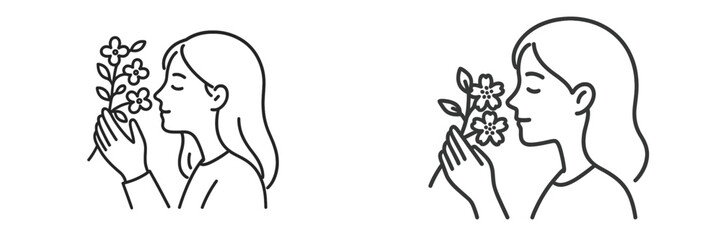 Women enjoying the fragrance of flowers with joy and serenity in a calm and peaceful setting