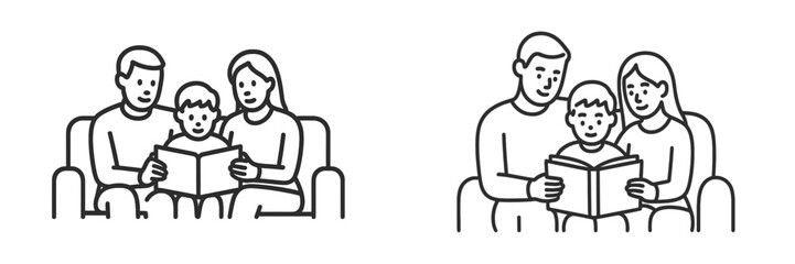 Family reading together on a cozy couch during a calm afternoon at home with a child's storybook