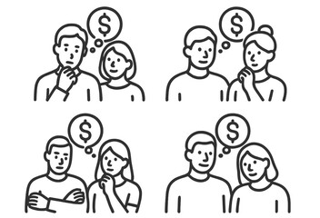 Conversations about money and choices among couples in simple line art illustrations