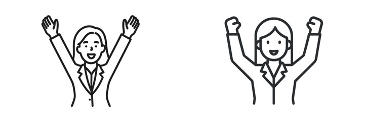 Successful business professionals celebrating achievement with raised hands in a cheerful atmosphere
