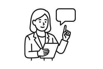 Businesswoman presenting ideas with tablet and speech bubble during meeting at modern office setting in daylight