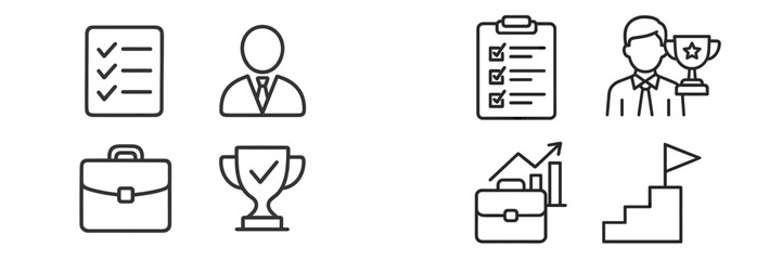 Icons representing various aspects of achievement and professionalism in a workplace context, suitable for business presentations or career guidance