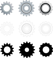 Vector set of gear icons. Realistic, black and white and black. Group of gears. Collection of gear designs on transparent background.