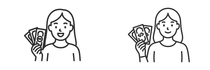 Women displaying cash while smiling, conveying happiness and financial success in a simple, minimalist style