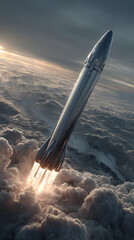 Naklejka premium Space tourism rocket launching mini-satellites into low Earth orbit with vibrant cloud illumination and ocean view for aerospace innovation marketing