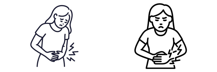 Illustration of two women experiencing abdominal pain with different expressions of discomfort in a simple line art style