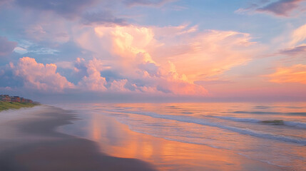 Peaceful Sunrise Beach with Pastel Sky and Gentle Waves  
