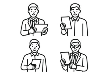 Multiple cartoon characters in formal attire holding documents, representing various professional scenarios