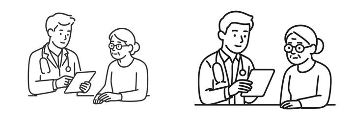 Healthcare professional discussing medical information with elderly patient during a consultation in a clinic setting