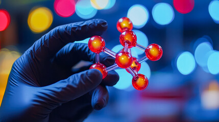 Scientist holding a molecular model in a laboratory setting