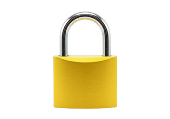 Fototapeta premium Close up of a bright yellow padlock with a silver shackle on a dark contrasting surface on transparent background
