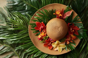 Top view of straw hat decorated with tropical flowers and surrounded by lush green palm leaves. Summer composition symbolizing vacation, relaxation, exotic vibes, and stylish travel themes