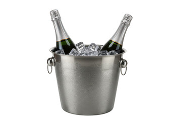 Two bottles of champagne chilling in a metal ice bucket with ice cubes on a dark isolated setting on transparent background
