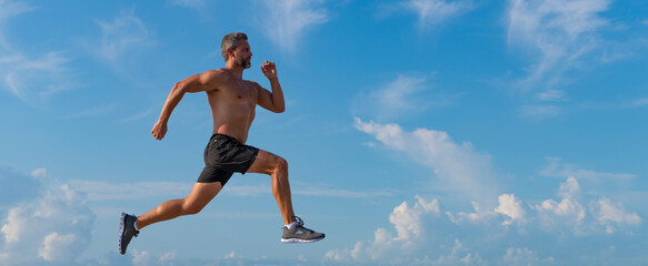 Sport lifestyle with morning run. Runner man bare torso running. Sport and health. Man running...