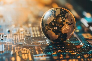 Spinning globe over computer circuit board with binary coding representing global connectivity, spinning globe over computing board and binary coding