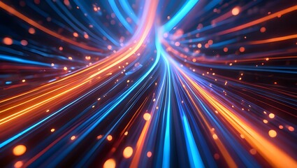 Futuristic digital illustration featuring blue, orange neon high-speed technology concept. Dynamic motion graphics, abstract background of cyberspace connectivity. Modern tech interface, web design,