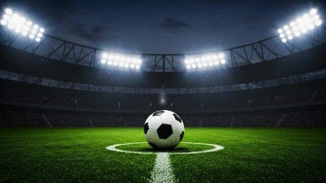 Soccer ball centered on green field with stadium in background sport and recreation theme