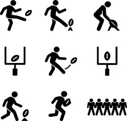 American football icons showing players kicking, catching, and scoring goals with field goals and movement in solid silhouette design.