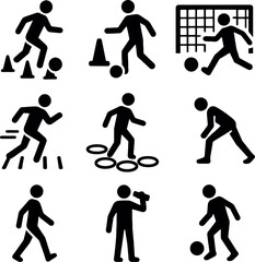 Soccer training icon set with player actions, dribbling drills, shooting, and hydration. Bold black design with geometric consistency and white background.