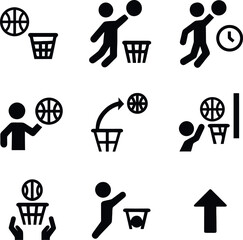 Basketball scoring action icons featuring slam dunks, buzzer beaters, 3-point throws and celebratory gestures. Clean black symbols for match results. © VectorGomes