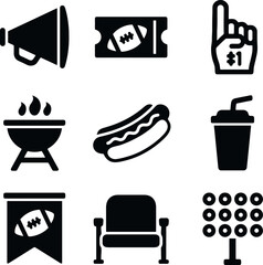 American football game day icons including megaphone, hotdog, ticket, foam hand, grill, and stadium seat.