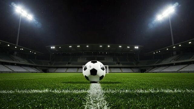 Soccer ball on green field under stadium lights at night game sport and recreation