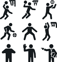 Basketball player action icons including dunk, dribble, pass, referee signals, and coaching gesture.