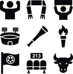 Sports fan and stadium-related icons including scarf, seats, flag, mascot, and trumpet.

