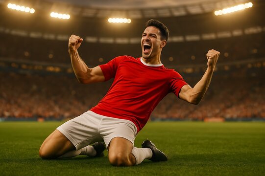 Soccer Player Victory Celebration: Goal, Triumph, Stadium, Athlete, Sports Photography